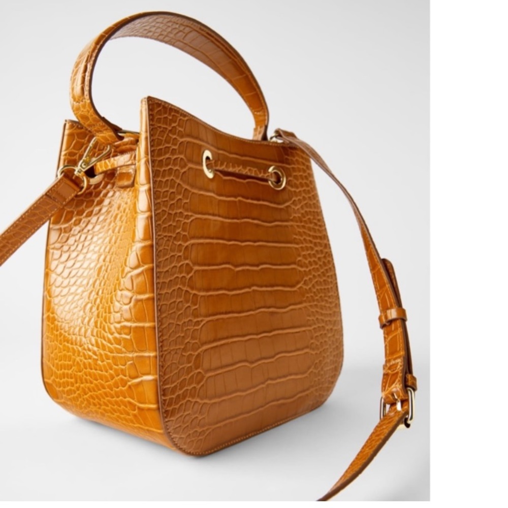NWT Zara croc embossed faux leather top handle long strap bucket bag mustard - Picture 3 of 12